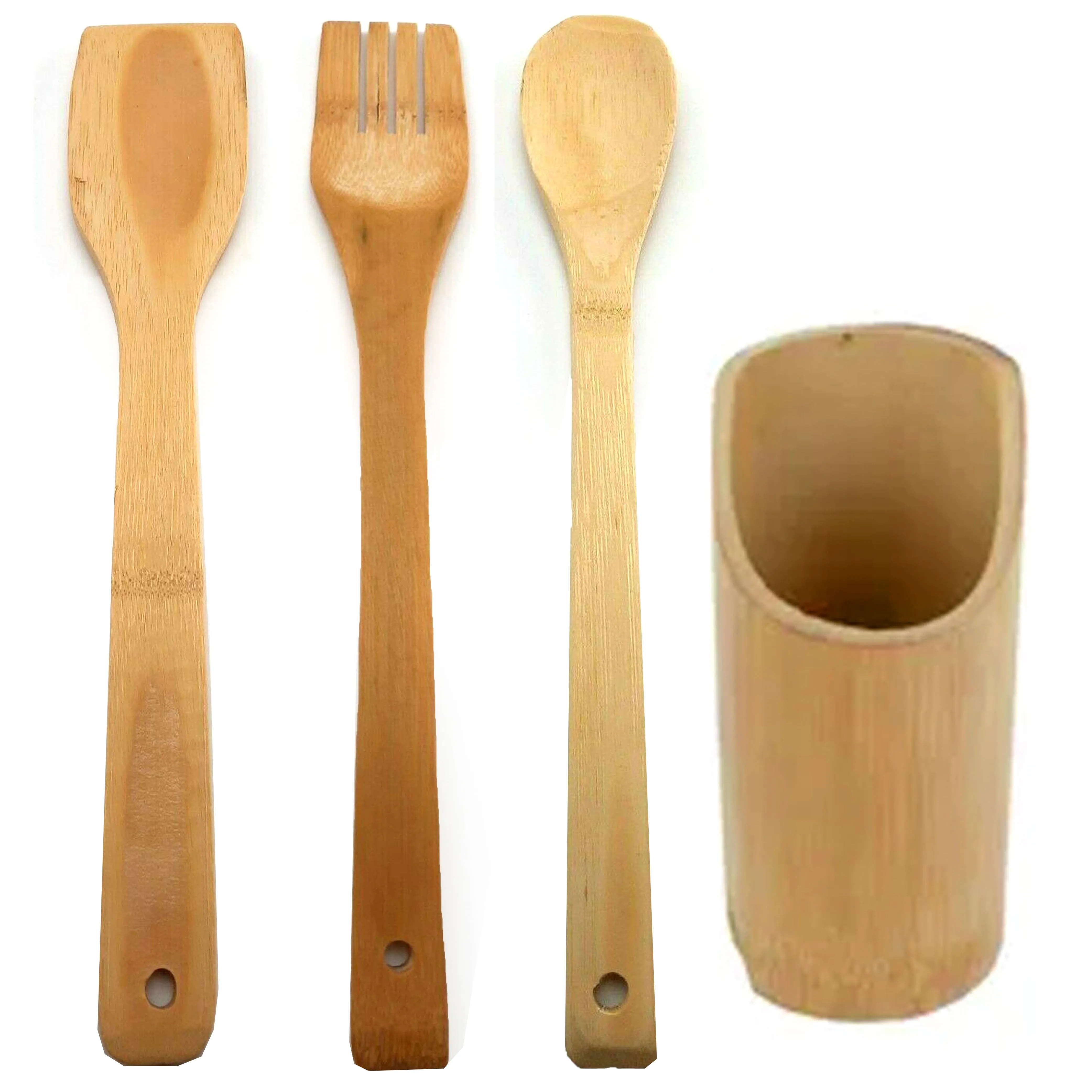 4 PC Wooden Utensil Set Cooking Bamboo Kitchen Essentials Non Scratch Utensils