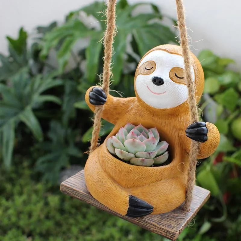 Charming Swing Sloth Planter - Resin Flower Pot for Home & Garden Decor