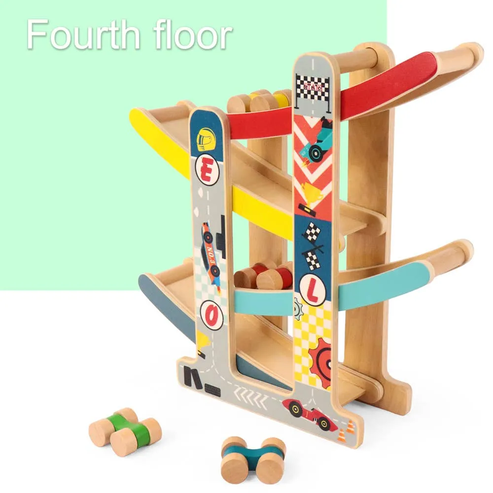 Leo & Friends Wooden Ramp Racer Track with 4 Race Cars