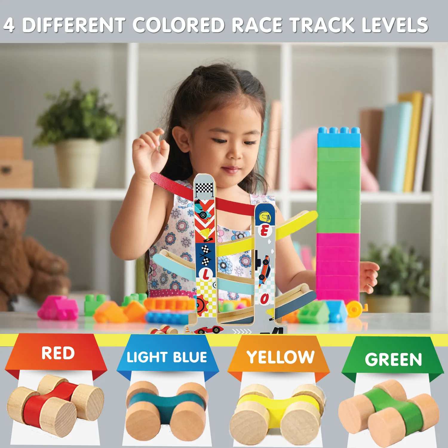 Leo & Friends Wooden Ramp Racer Track with 4 Race Cars