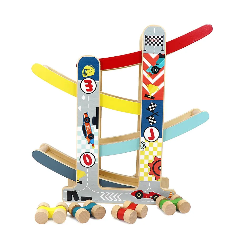 Leo & Friends Wooden Ramp Racer Track with 4 Race Cars