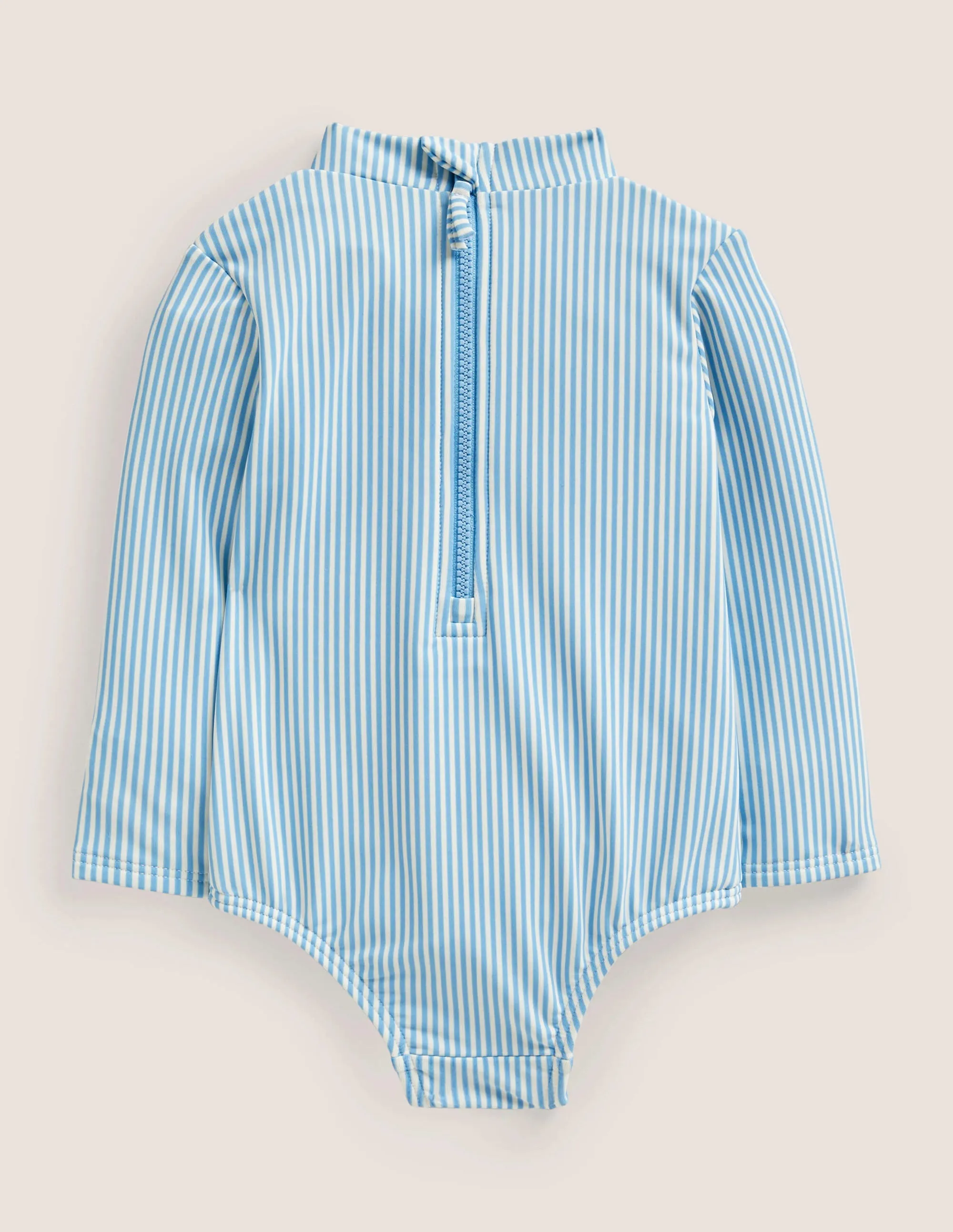 Long-sleeve Frilly Swimsuit-Surfboard Blue Ticking Stripe