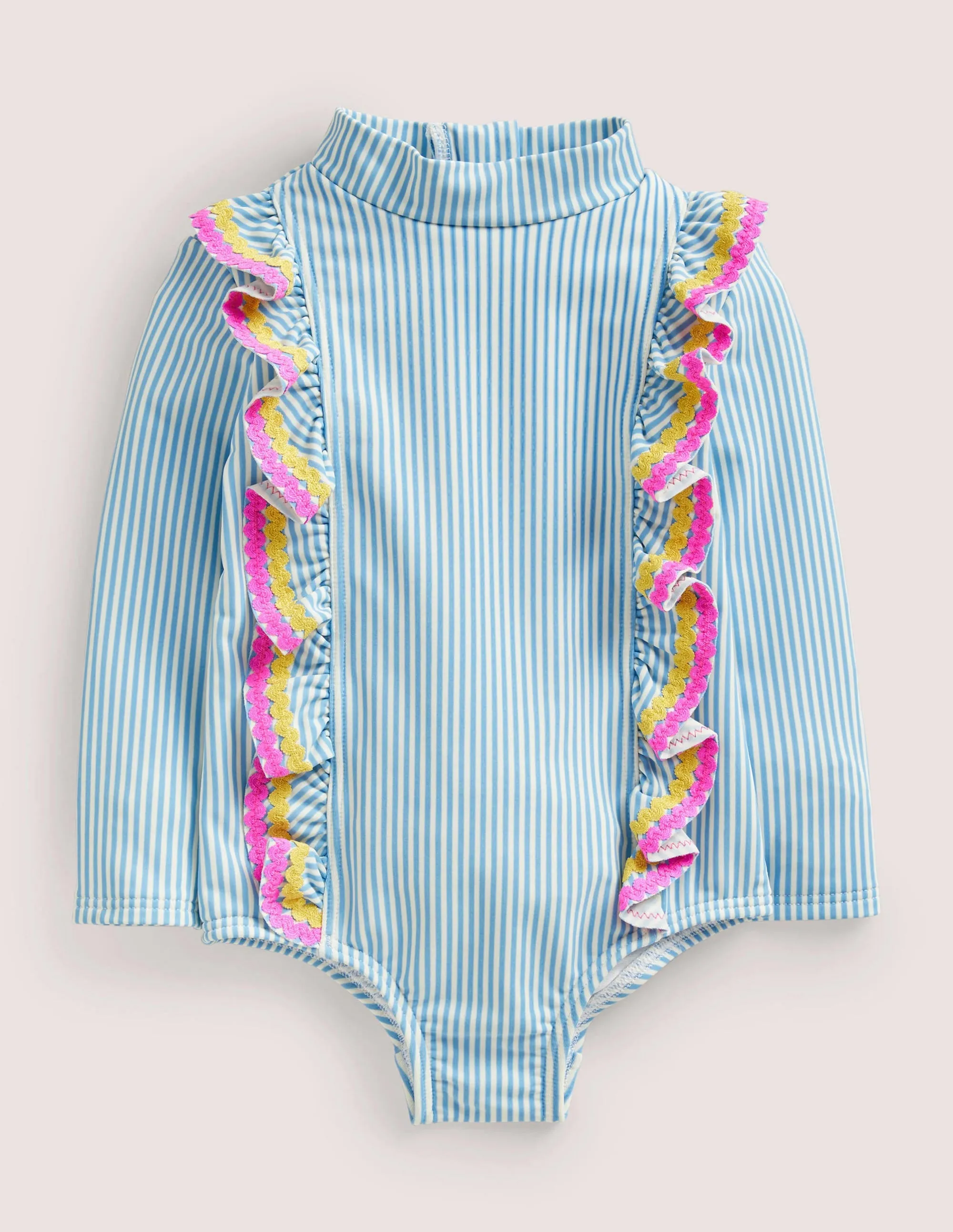 Long-sleeve Frilly Swimsuit-Surfboard Blue Ticking Stripe