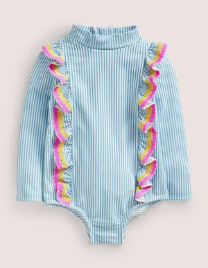 Long-sleeve Frilly Swimsuit-Surfboard Blue Ticking Stripe