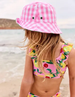 Reversible Bucket Hat-Pink Strawberry Gingham