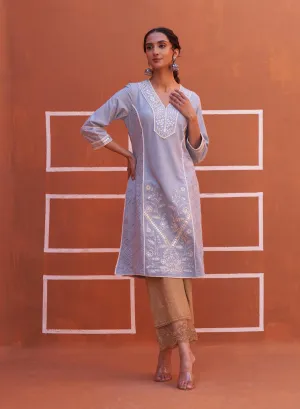 Spa Blue Mirror Work Straight Kurta