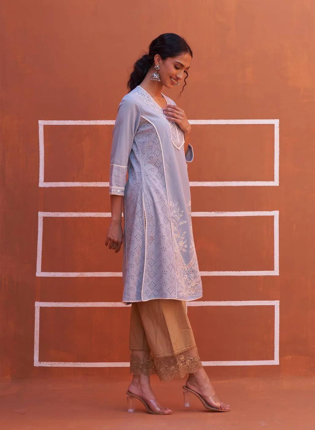 Spa Blue Mirror Work Straight Kurta