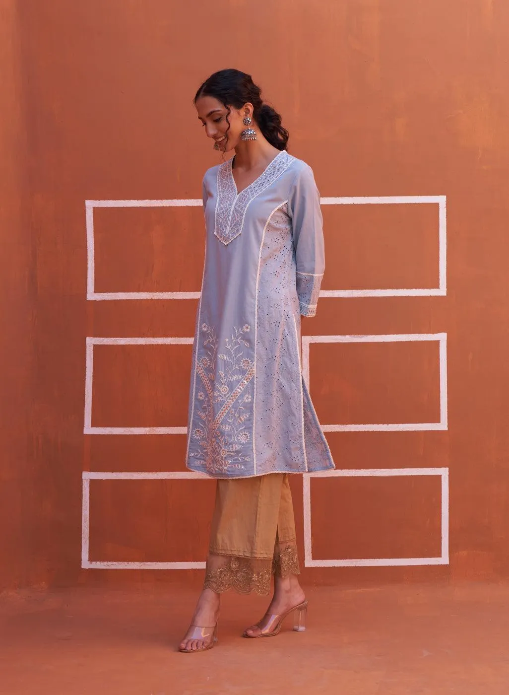 Spa Blue Mirror Work Straight Kurta