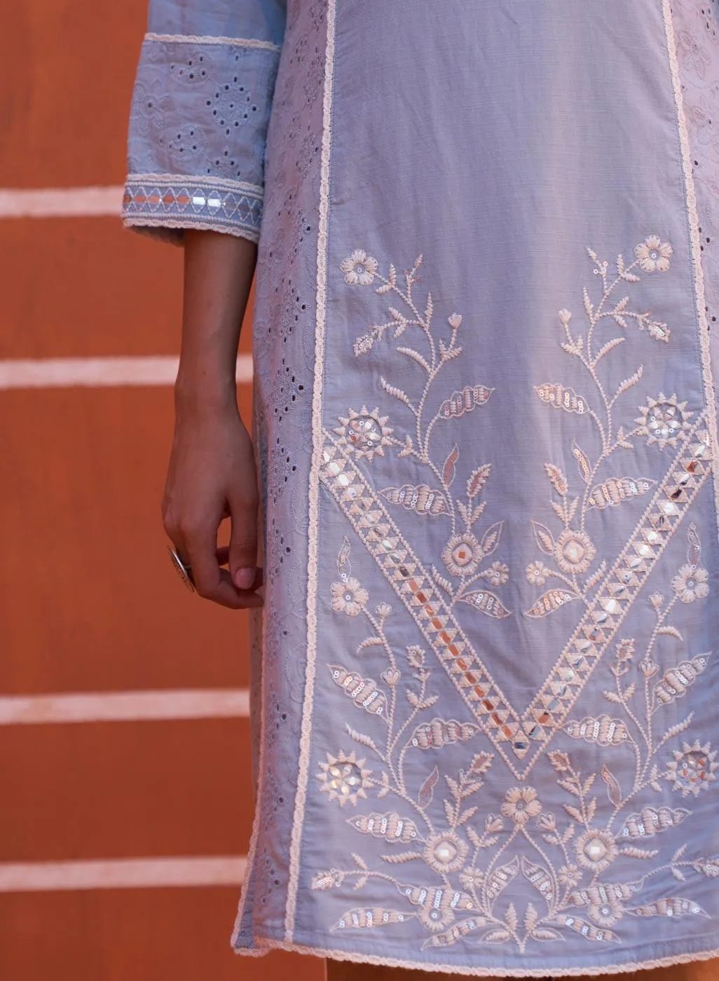 Spa Blue Mirror Work Straight Kurta
