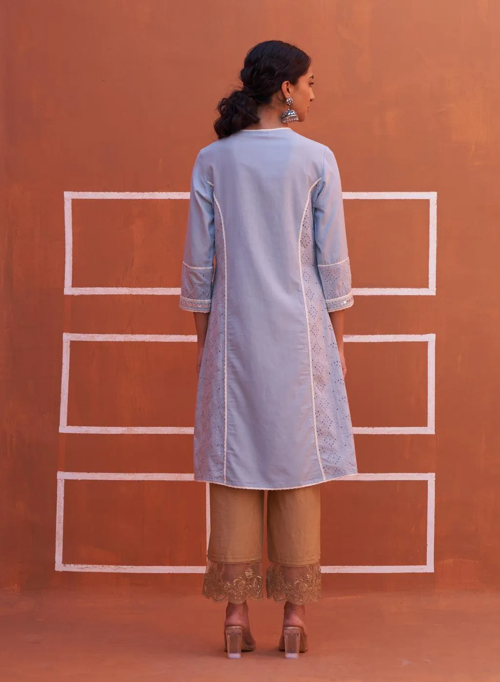 Spa Blue Mirror Work Straight Kurta