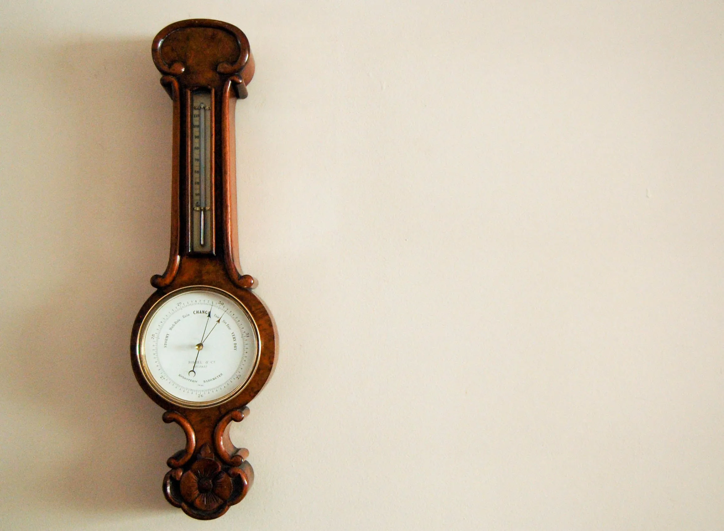 Victorian Walnut Cased Miniature Wheel Barometer by Riddel & Co Belfast