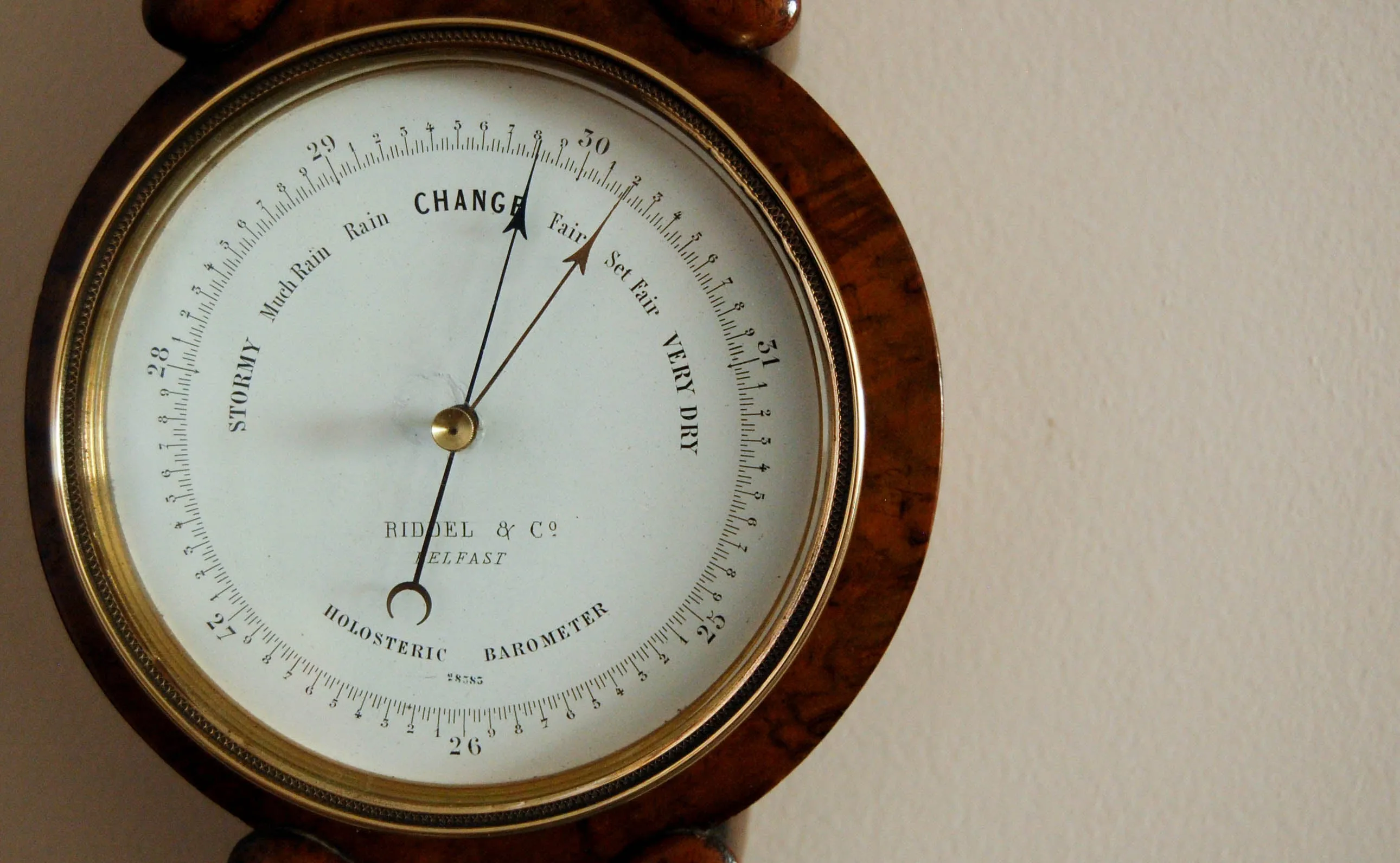 Victorian Walnut Cased Miniature Wheel Barometer by Riddel & Co Belfast